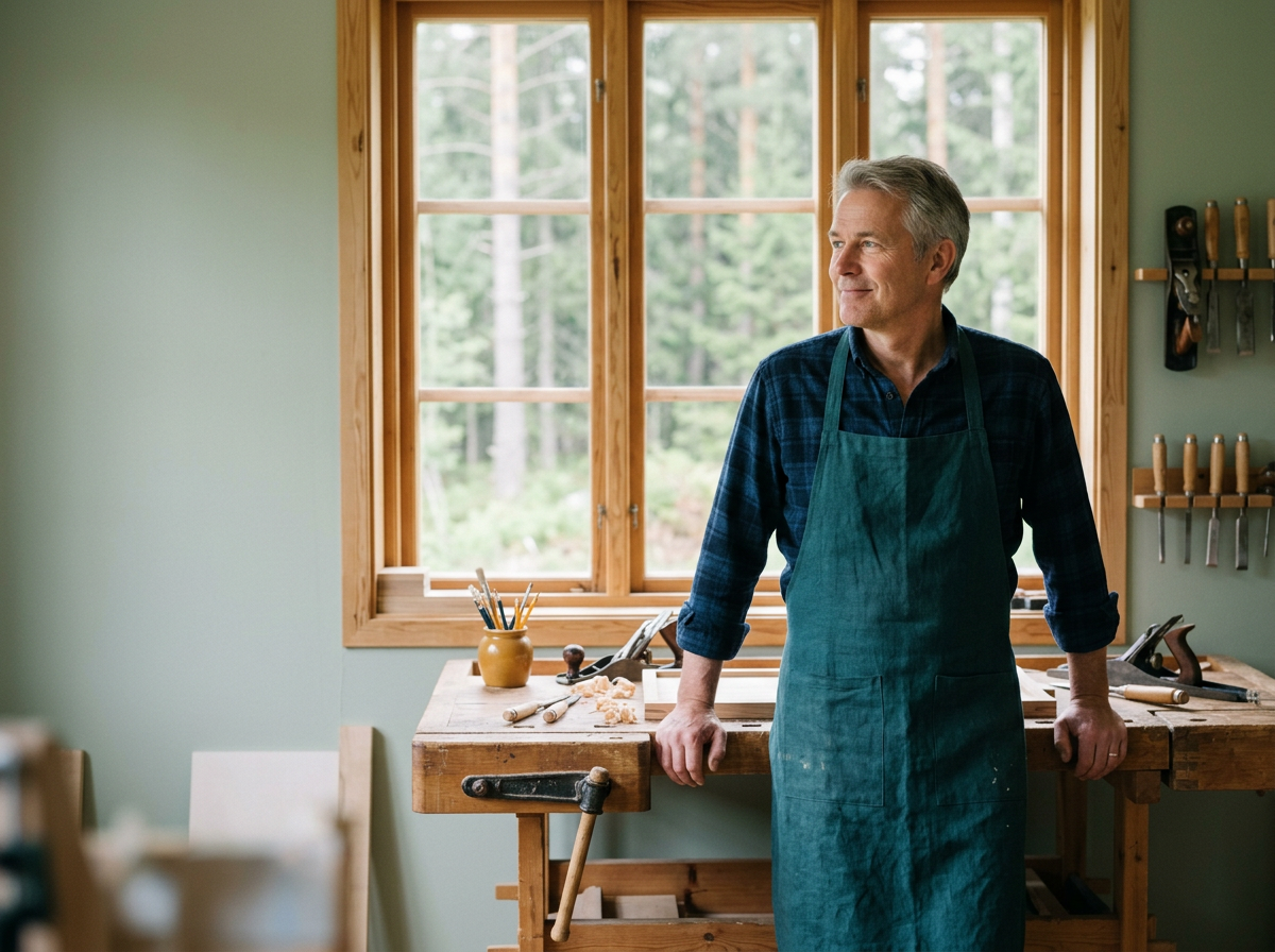 A small business owner at a workbench in a Nordic workshop