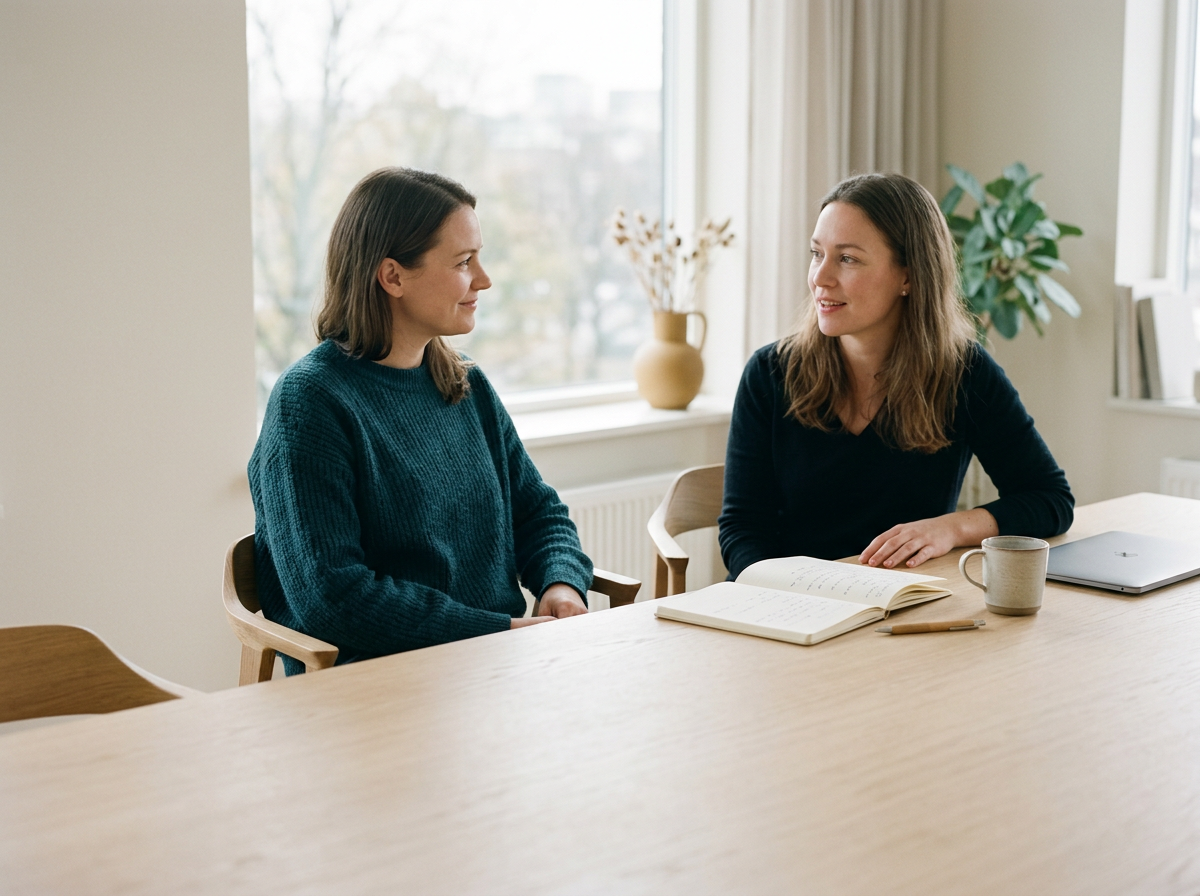 Two colleagues in conversation at a table in a Nordic office