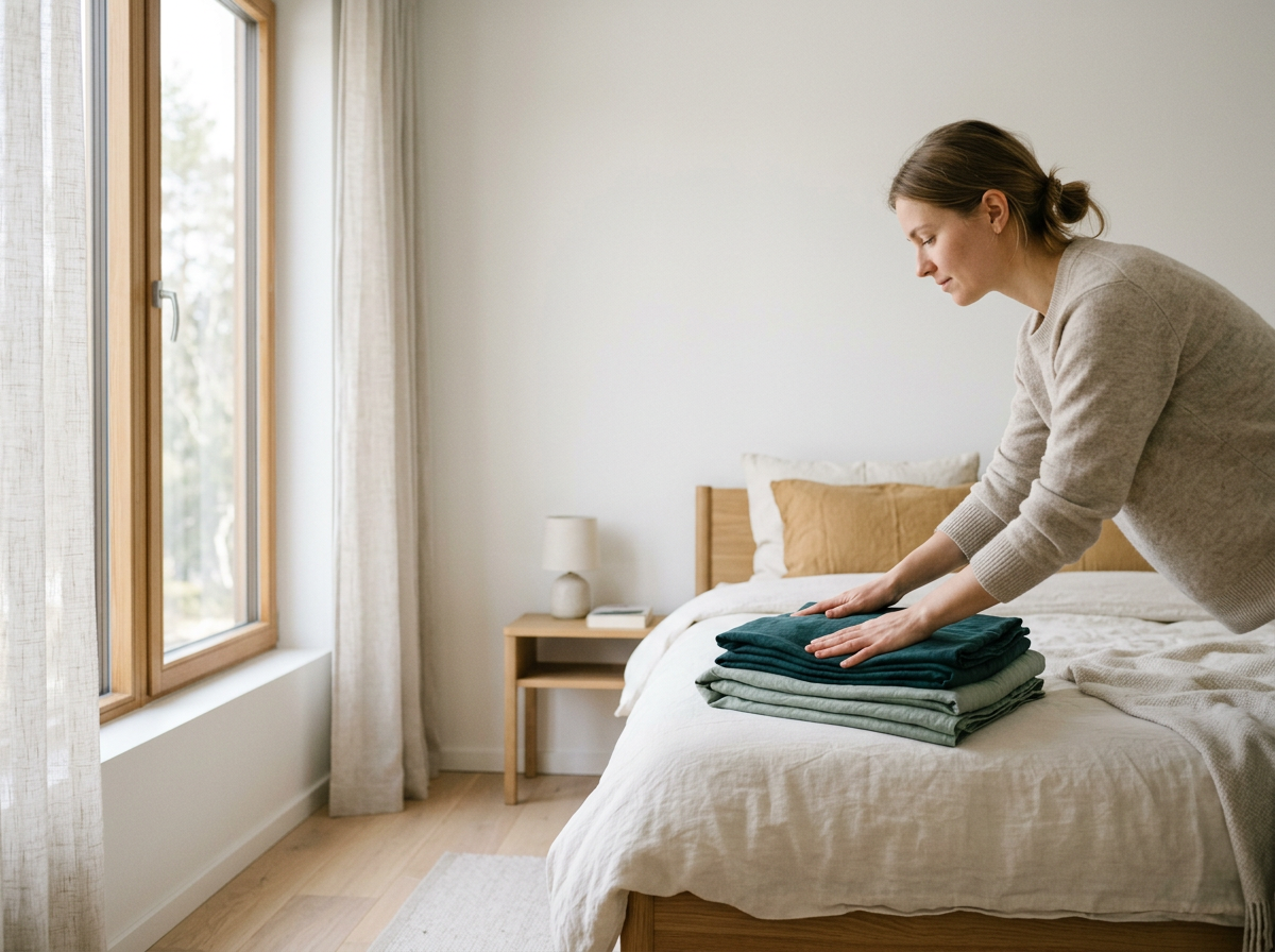 Folded bed linen in a calm Scandinavian bedroom